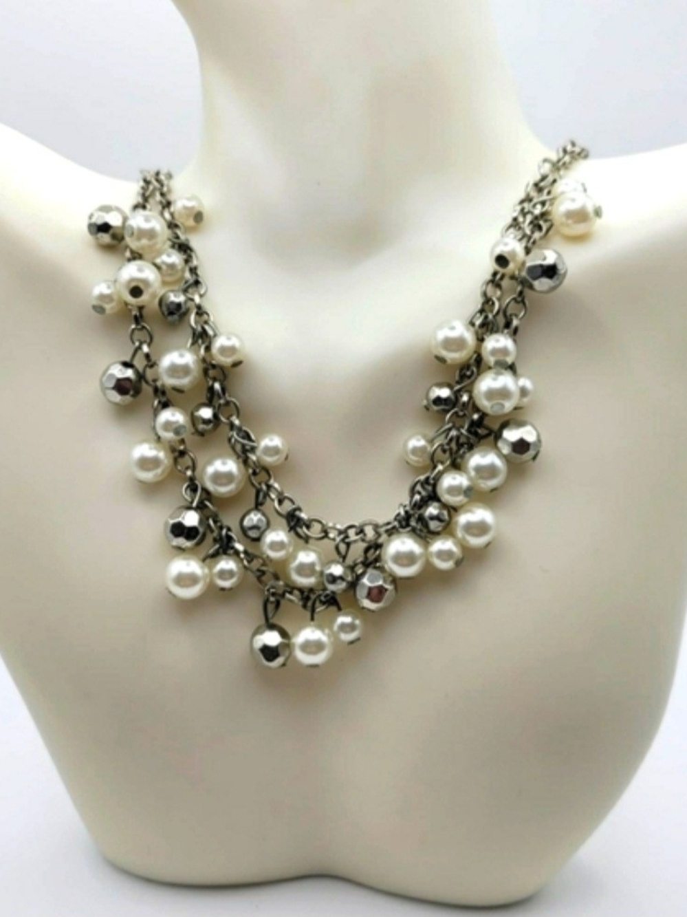 Multi-Strand Faux Pearl and Silver Bead Statement Necklace